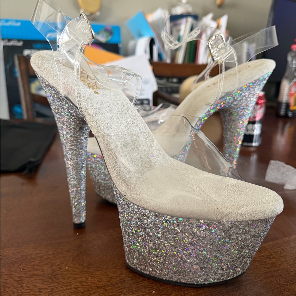 Pleaser Silver Glitter Platform Heels